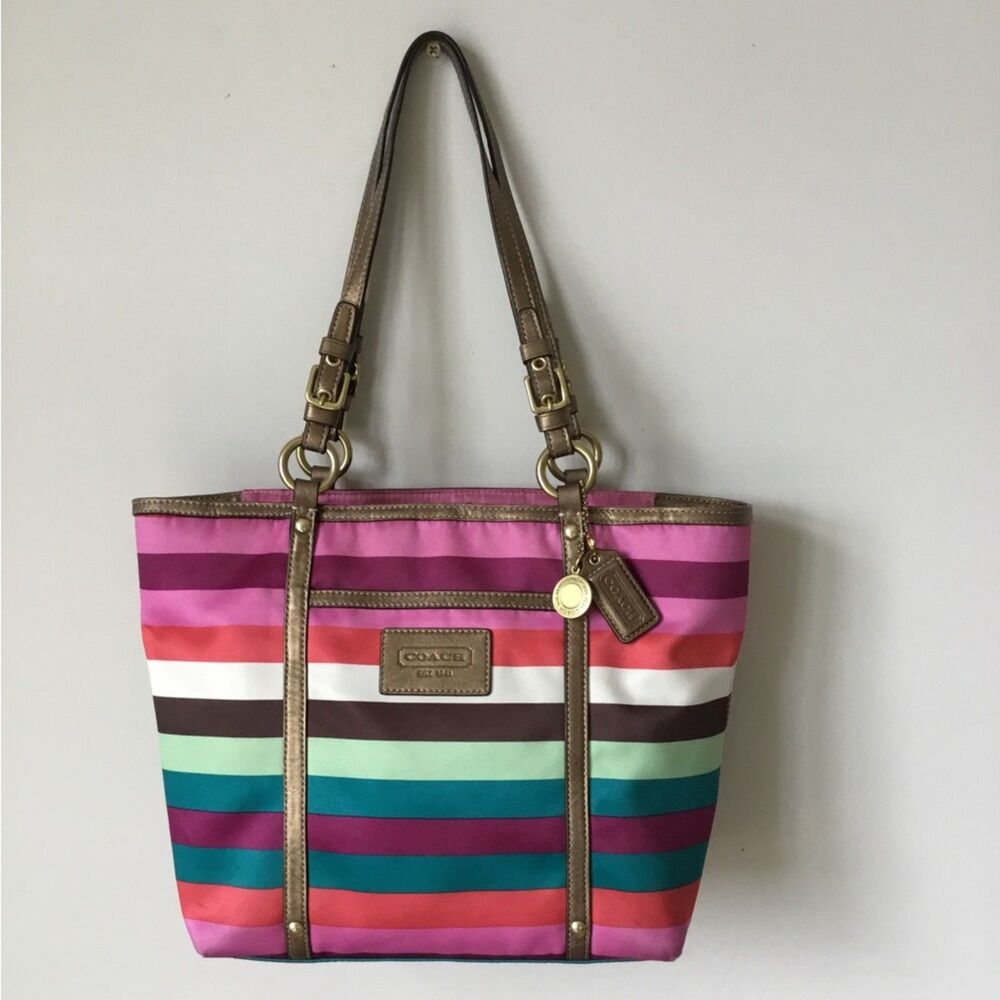 Coach Legacy Multicolor Stripe Sateen Tote Shoulder Bag w/Bronze Trim EUC
